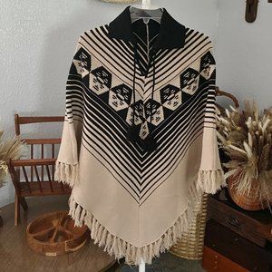 One Size Unbranded Collared Knit Fringed Poncho Tan with Black Design